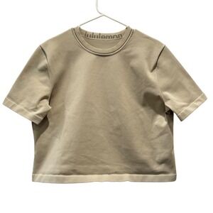 Lululemon Tan‎ Crew Neck Short Sleeve Stretch Cropped T Shirt Top Womens Large